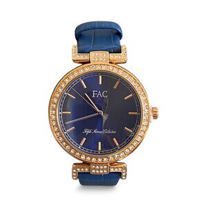 FAC Rose Gold Crystal Blue Leather Strap Watch NWT
